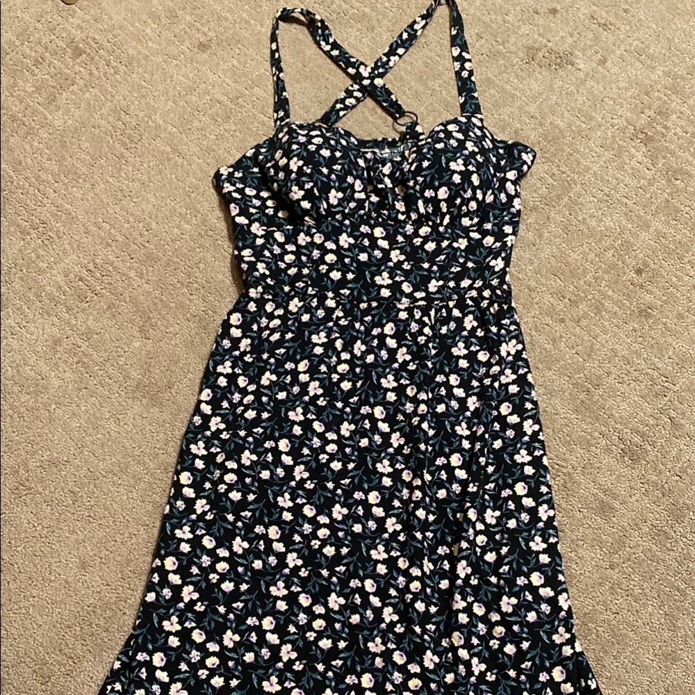 Floral Midi Dress with Smocking & Crisscross Back Size 7/9 Summer Stretch